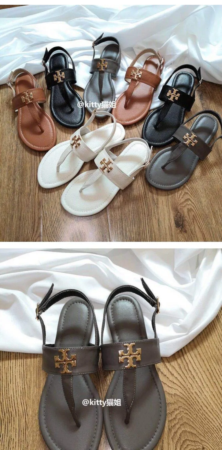 Authentic] Tory Burch 2020 Summer TB Flip-Flops Metal Buckle Genuine  Leather Flat Sandals Non-Slip Maternity Sandals Wo | Lazada PH