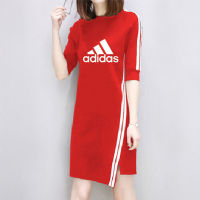 ADIDASeˉ   ชุดเดรสผ่าข้างสำหรับสตรี,กระโปรงผ้าฝ้ายแท้สวมใส่สบายทรงเข้ารูปสีดำ/ ขาว/แดง (M-4XL)