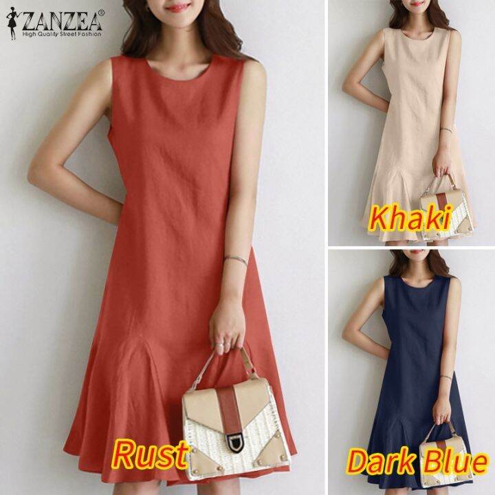 zanzea-ชุดเดรส-คอกลม-แขนกุด-สีพื้น-สําหรับผู้หญิง