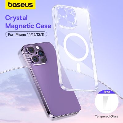 Baseus casing pengisi daya kristal sarung HP kristal untuk iPhone 14 13 Pro Max magnetik tanpa kabel penutup penuh bening PC keras untuk iPhone 12 11 Pro Max
