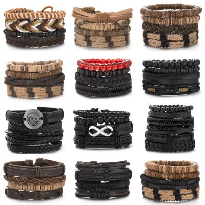 4Pcs/Set Braided Wrap Leather Bracelet for Men Women Vintage Yin Yang Infinity Wood Beads Charm Bracelets Male Wristband Jewelry