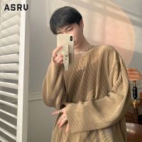 ASRV เสื้อยืดผู้ชายแขนยาวลายทางเสื้อกล้ามหลวมและสีทึบ