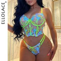 《Be love shop》Ellolace Luxury Lingerie Sexy Floral Embroidery Set Woman 2 Pieces Underwire Bra Thongs Exotic Intimate Neon Green Underwear