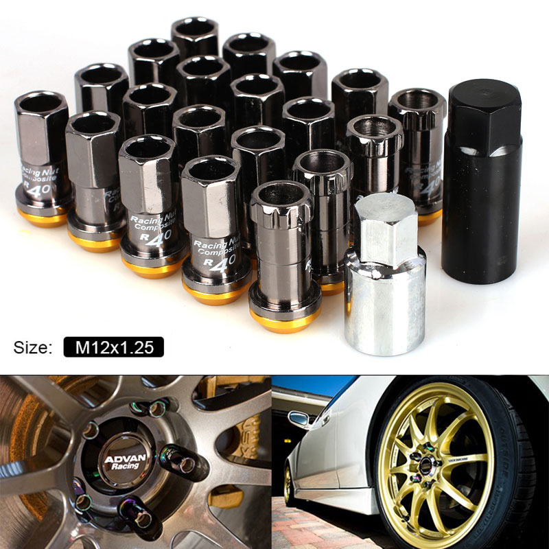 20pcs/set  Neo Chrome+Red Racing Composite 44mm M12x1.5 Wheel Rims Lug Nuts 
