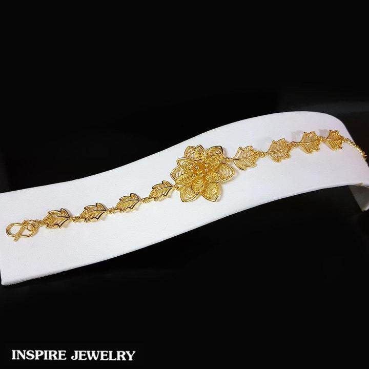 inspire-jewelry-สร้อยข้อมือทอง-รูปดอกไม้-ตัวเรือนรูปใบไม้-หุ้มทองแท้-24k-ขนาด-17cm-งานจิวเวลรี่-งานร้านทอง-พร้อมถุงกำมะหยี่