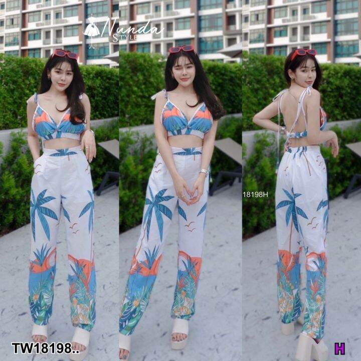 tw18198-set-2-ชิ้น-เสื้อสายผูกไหล่-พิมพ์ลาย-กางเกงขายาว