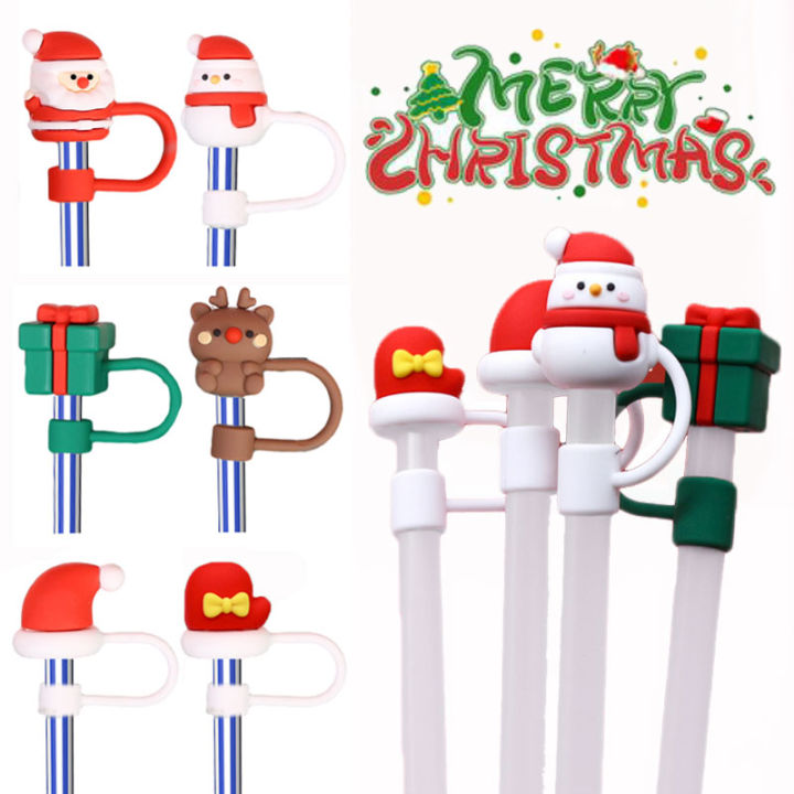 Christmas Straw Cover Silicone Tips Drinking Dust Cap Santa