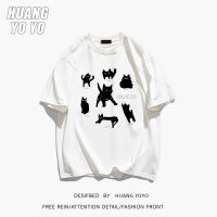 HUANGYOYO เสื้อยืดแขนสั้นผ้าฝ้าย100% ตัวอักษรพิมพ์ลายการ์ตูนรูปแมวผู้หญิง