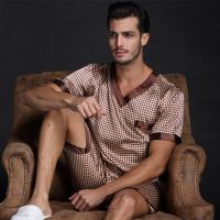 Spring Summer Autumn Men Satin Silk Pajamas Sets of T-shirt &amp; Shorts Male Pijama Sleepwear Leisure Home Clothing Loungewear