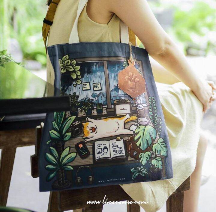 stay-cool-canvas-tote-bag-กระเป๋าผ้าแคนวาสลายแมวกับต้นไม้-stay-cool