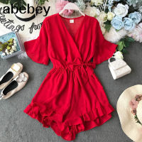 Sweet Ruffled Women Playsuits Elastic High Waist Bow Female Jumpsuit Romper Butterfly Sleeve Short Overalls for Girls