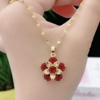 ❏ Fashion retro light luxury cherry blossom peach blossom necklace European and American red zircon flower pendant gift