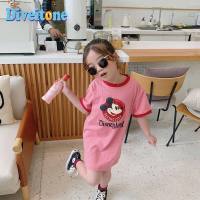 Girls Cute Cartoon Print Long T-shirt For Kids Short Sleeve O-neck Cotton Tops Preschool Girls Boys 2-10 Years Old