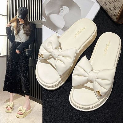 【Hot Sale】 style slippers womens summer outer 2023 new fashion net red bow out thick bottom seaside sandals