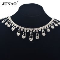 JUNAO 45cm/lot Glitter Clear Glass Crystal Rhinestones Triming Chain Crystal Fringe Tassel Metal Strass Ribbon for Decoration Gift Wrapping  Bags