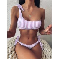 Womens 2 Piece Bikini Set Tie Knot Straps One Shoulder Swimsuit Low Waist Side Tie Vertical Stripes