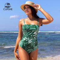 CUPSHE Leaf พิมพ์สแควร์คอ Shirred ชุดว่ายน้ำ สำหรับผู้หญิงเซ็กซี่ Backless Monokini ชุดว่ายน้ำ2023ชุดว่ายน้ำ Beachwear