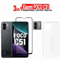 3in1สำหรับ Xiaomi C51 POCO ฟิล์มกระจกเทมเปอร์และ Xiaomi C55 F3 F4 X3 X4 NFC ฟิล์มเลนส์ GT / F5 M3 M4 M5 Pro 5G M5S C40ปกป้องหน้าจอ C50 + กล้อง + ฟิล์มด้านหลังคาร์บอนไฟเบอร์