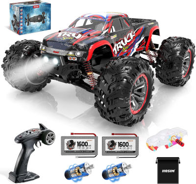 Hosim 1:10 Large Size 48+ KMH 4WD High Speed RC Monster Trucks,Hobby Grade RC Cars for Adults Boys Remote Control Vehicle 2 Batteries for 40+ Min Play Gift for Kids(Red) Black-red Up to 30mph