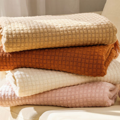 ผ้าห่มโซฟาผ้าห่มลายตะแกรงผ้าวูลสีทึบถักผ้าคลุมโซฟานอร์ดิก