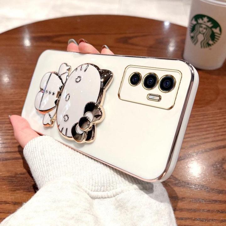 folding-makeup-mirror-phone-case-for-vivo-v23e-4g-5g-s10e-case-fashion-cartoon-cute-cat-multifunctional-bracket-plating-tpu-soft-cover-casing