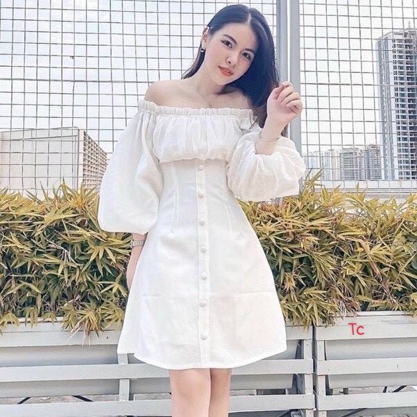 Đầm  Váy trắng trễ vai tay bồng có đệm ngực dự tiệc dáng chữ A  Shopee  Việt Nam