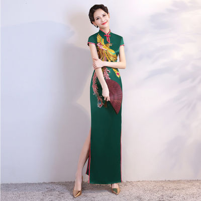 【CW】Green Phoenix Qipao Mandarin Collar Chinese Party Dress Gown Women Sexy High Split Cheongsam Oversize 5XL Classic Vestidos