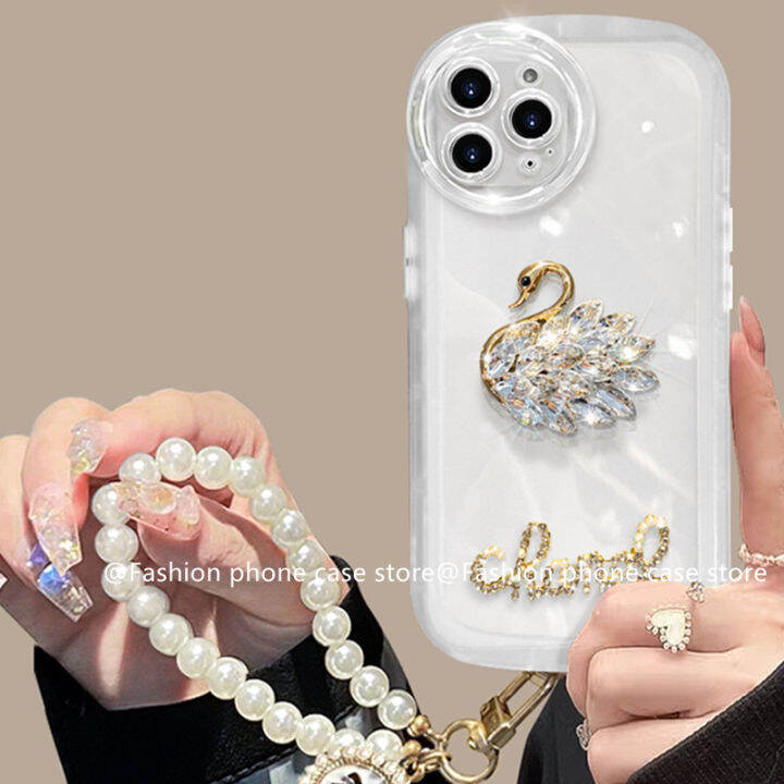 เคส-oppo-a57-a77-a76-a96-a95-a16-a16k-a16e-4g-5g-case-หรูหรา-rhinestone-swan-pearl-lanyard-ปลอกเลนส์สีใสนุ่ม2022