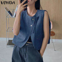 (จัดส่งฟรี)Fancystyle VONDA เสื้อเสื้อยืดคอกลมติดกระดุมสำหรับผู้หญิง,เสื้อเสื้อกั๊กเดนิมลำลองแขนกุดทรงหลวม