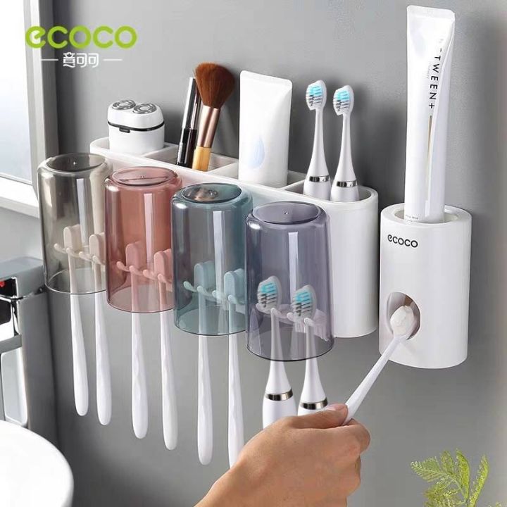 ecoco-ที่ใส่แปรงสีฟันอเนกประสงค์พร้อมถ้วยเก็บที่ยึดผนังตู้ชุดอุปกรณ์เสริมห้องอาบน้ำชั้นวางอุปกรณ์