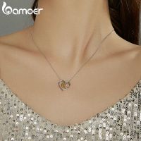 bamoer 925 Sterling Silver Geometric Heart Triple Pendant Necklace for Women Lover Couple Jewelry Gift 45cm BSN207