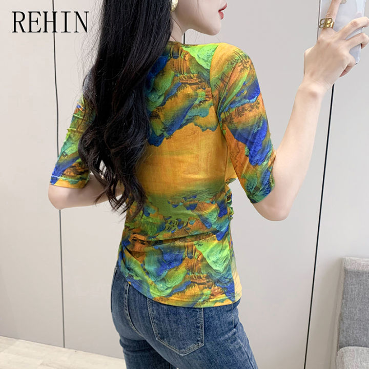 rehin-เสื้อผู้หญิงคอวีพิมพ์ลายดอกไม้แขนสั้นตาข่ายจีบสีน้ำ