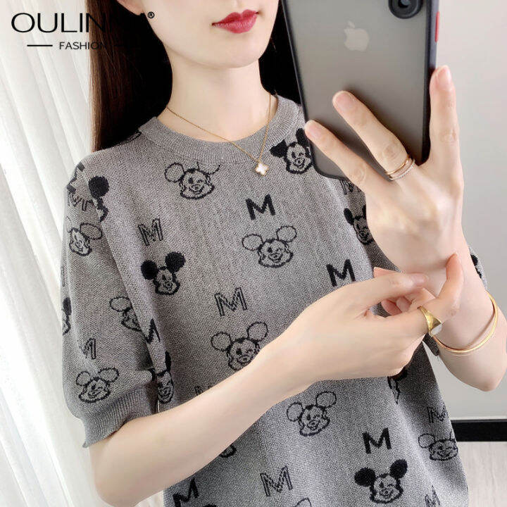 OULINNA เสื้อยืดแขนสั้นผ้าไหมน้ำแข็งของผู้หญิง,เสื้อยืดถักลายการ์ตูนทรง ...
