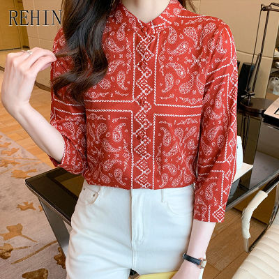 REHIN Women S Top French Red Round Neck 3/4 Sleeve Printed Long Sleeve Shirt Autumn New Blouse