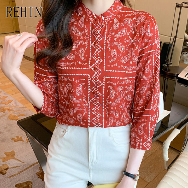 rehin-women-s-top-french-red-round-neck-3-4-sleeve-printed-long-sleeve-shirt-autumn-new-blouse