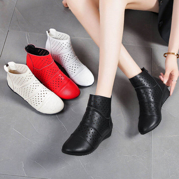 kfg945จริงหนังนุ่มเต้นรำรองเท้าแบบมีรูระบายผู้หญิงกลาง-heel-hollow-booties-ลื่น-breathable-wedge-รองเท้าผดุงครรภ์รองเท้า