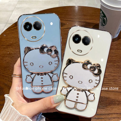 เคสโทรศัพท์ Realme 11 4G 5G Phone Case เคส Realme C51 C53 NFC น่ารักการ์ตูน Hello-Candy Kitty เคสชุบพร้อมกระจกแต่งหน้าแบบพกพาที่วางโทรศัพท์ฝาครอบอ่อน Realme 11 4G 5G NFC 2023