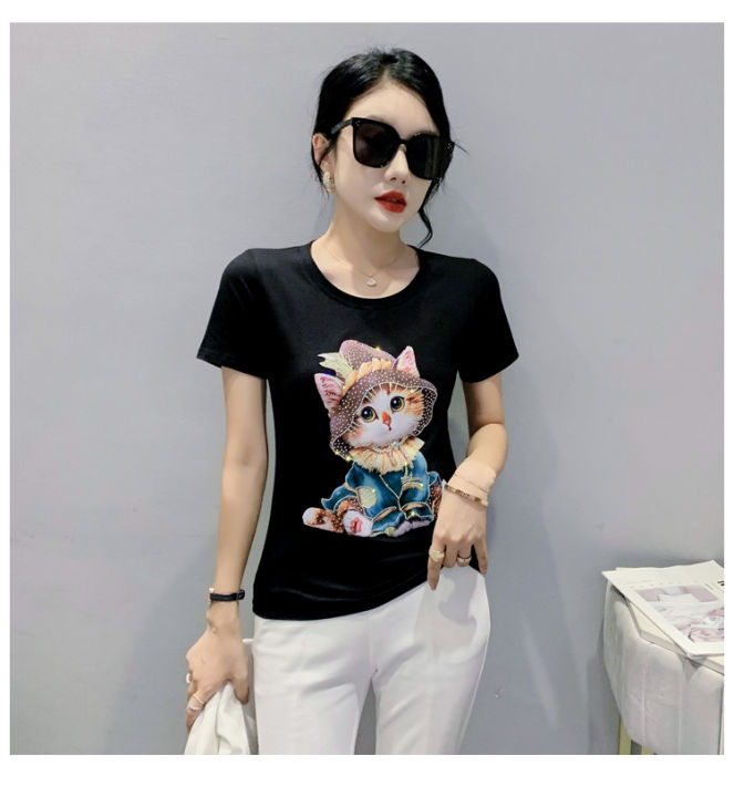 rehin-women-s-top-heavy-duty-diamond-stamping-cartoon-cat-printing-short-sleeved-t-shirt-slim-fit-niche-elegant-blouse