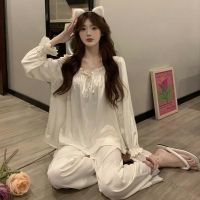 Spring Autumn 2Pcs Pajamas Set Silk Stain Lace Trim Home Suit Womens Casual Luxury Loungewear Female Long Sleeve Soft Sleepwear