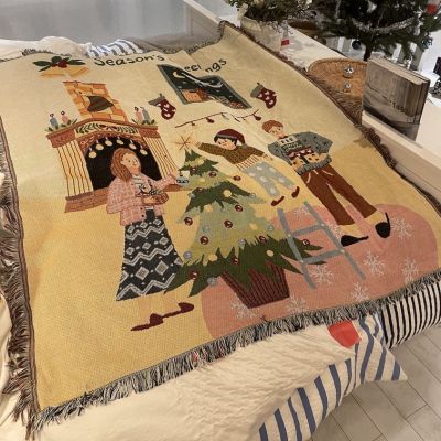 [NOOMI] Xmasผ้าห่ม กันฝุ่น แต่งพู่ ลายครอบครัวคริสต์มาส สําหรับตั้งแคมป์กลางแจ้ง