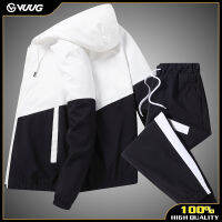 VUUG Mens Casual Sportsuit เสื้อสเวตเตอร์ถักแบบมีฮู้ดสองชิ้น (แจ็คเก็ตแบบมีฮู้ด + กางเกงขายาว)