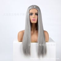 [COD] Factory direct silver-gray long straight hair middle part chemical fiber headgear female high temperature silk wigs foreign trade