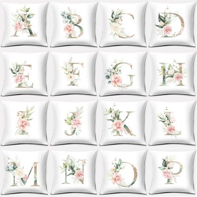 【CW】 Flowers and Letters Print Pillowcase Polyester Zip Room Cushion Cover