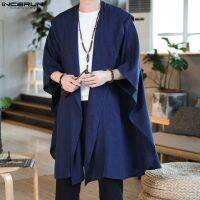 INCERUN Men Trench Retro Kimono Hooded 3/4 Sleeve Open Stitch Long Thin Coats Solid 2023 Streetwear Casual Irregular Outerwear