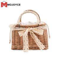 MOJOYCE Women Tote กระเป๋าสำหรับวันหยุดชายหาด Pure สีจักสานหวายเสื้อประดับมุก-ตะกร้าเล็ก