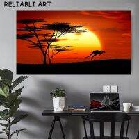 Morden Animal Artwork,ภาพวาดผ้าใบของ Funny Kangaroo At Sunset, Wall Art โปสเตอร์,เหมาะสำหรับห้องนั่งเล่นตกแต่งบ้าน,ไม่รวมกรอบ