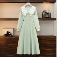 Plus Size Women Party Elegant High Waist A Line Dress Long Sleeve Lace Peter Pan Collar Solid Dresses For Woman Ladies Clothing