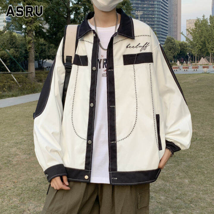 asrv-แจ็คเก็ตแบบ-lightweight-ผู้ชาย-เสื้อกันหนาว-เสื้อแจ็คเก็ต-เสื้อคลุมชาย-jaket-baseball-ชาย-ins-กีฬาถนนแจ็คเก็ตทรงหลวมเสื้อผ้าสีดำและสีขาวตัดกัน