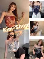 ?Kim-shop*?พร้อมส่ง*เสื้อสายเดี่ยวไหมพรมแต่งผ้าทรงสามเหลี่ยมน่ารัก