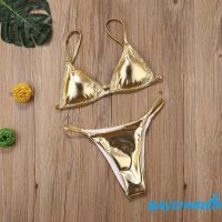 BAY-Women´s Solid Color y Bikini Set Shine Gold and Low-Rise Triangle Shorts Swimming Suit